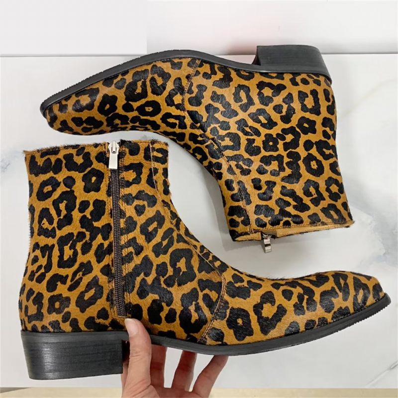 Botas Masculinas Cano Curto Genuínas Com Bico Pontiagudo - Leopardo