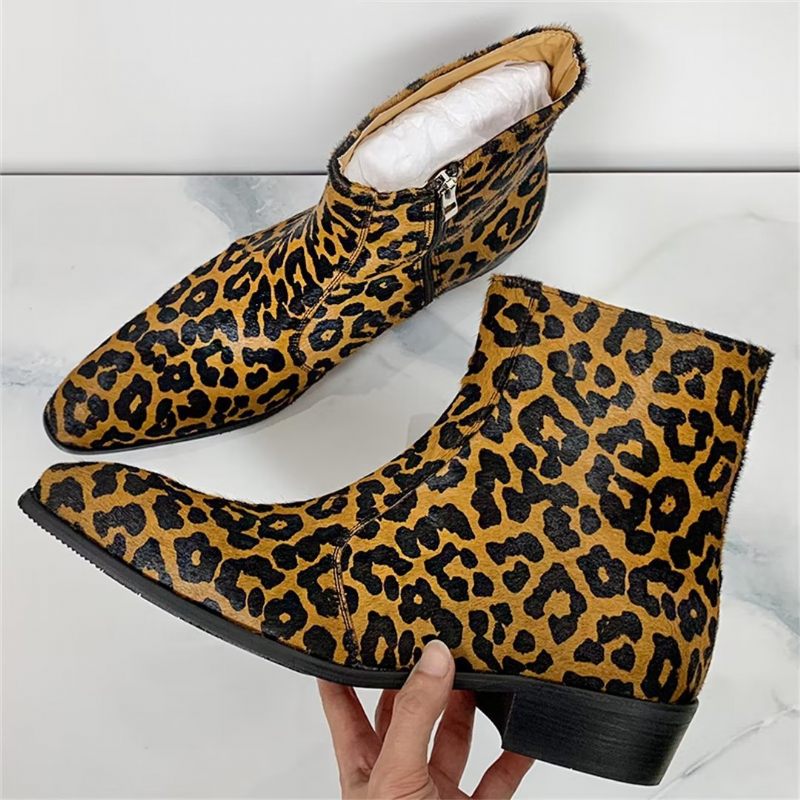 Botas Masculinas Cano Curto Genuínas Com Bico Pontiagudo - Leopardo