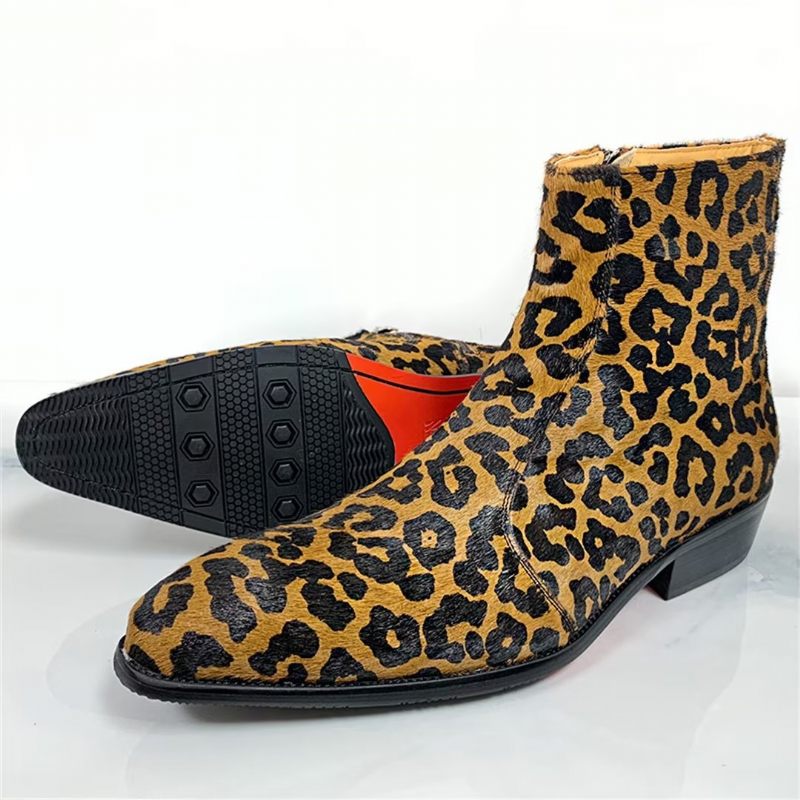 Botas Masculinas Cano Curto Genuínas Com Bico Pontiagudo - Leopardo