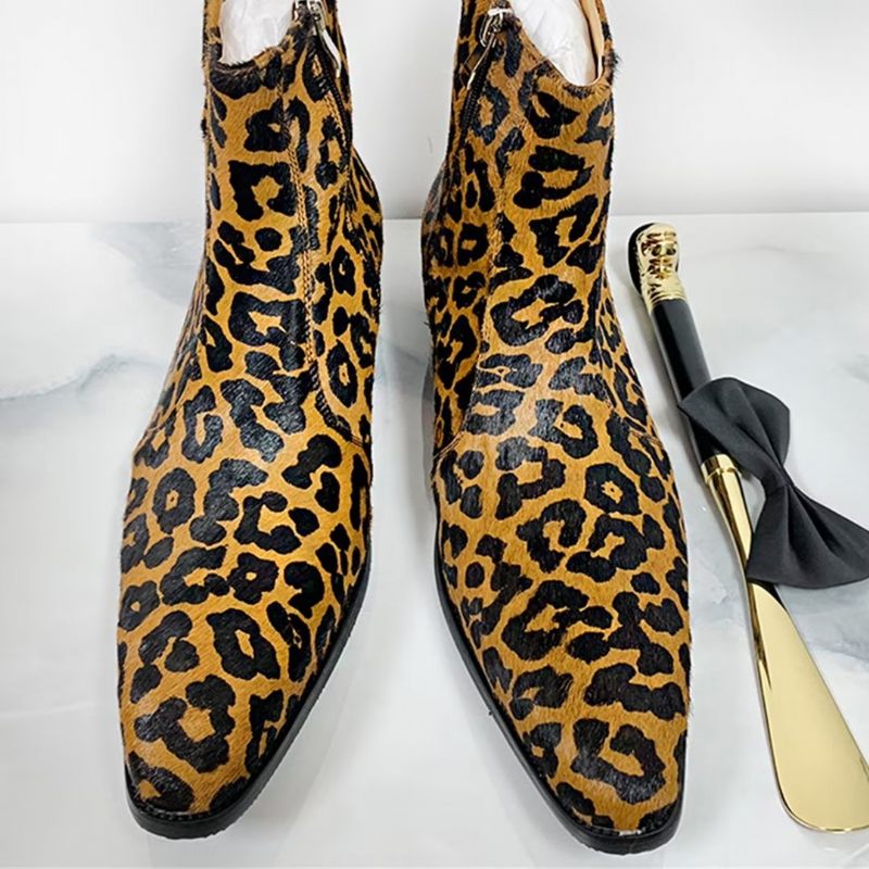 Botas Masculinas Cano Curto Genuínas Com Bico Pontiagudo - Leopardo