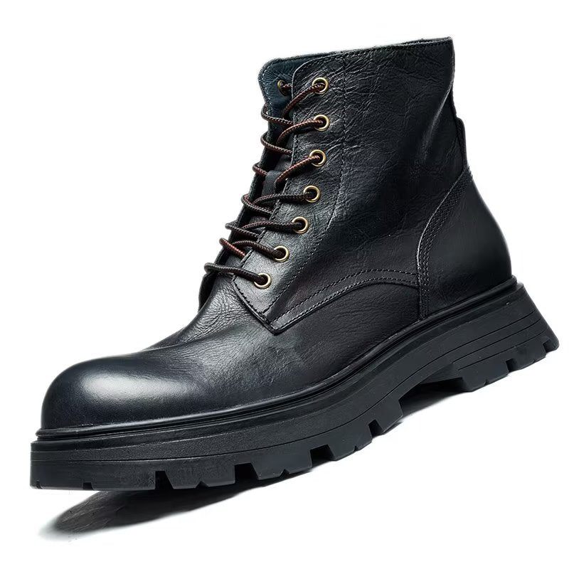 Botas Masculinas Chiques Com Bico Redondo E Cadarço - Preto