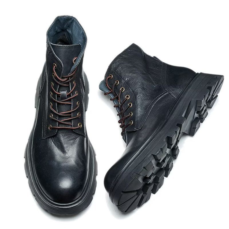 Botas Masculinas Chiques Com Bico Redondo E Cadarço - Preto