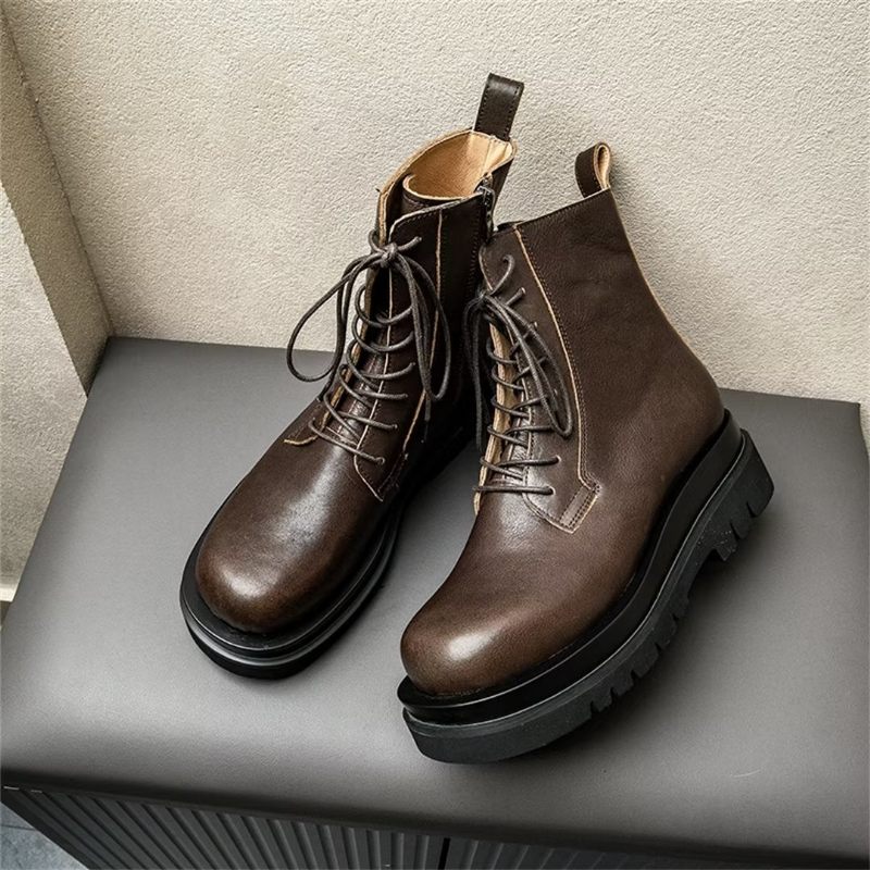 Botas Masculinas Chiques Com Cadarço Curtas Britânicas - Café