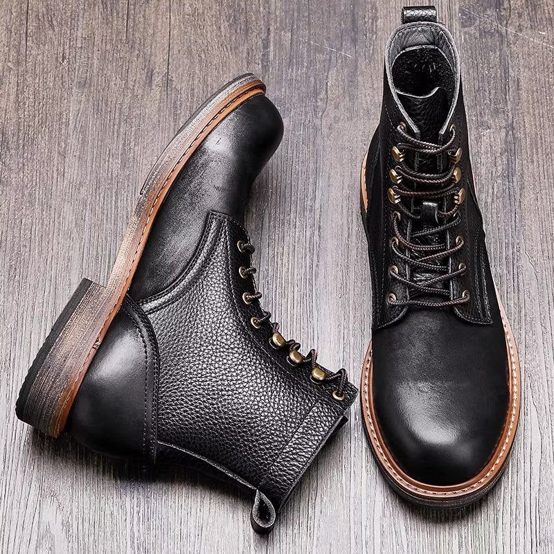 Botas Masculinas Chiques Couro Com Cadarço - Preto