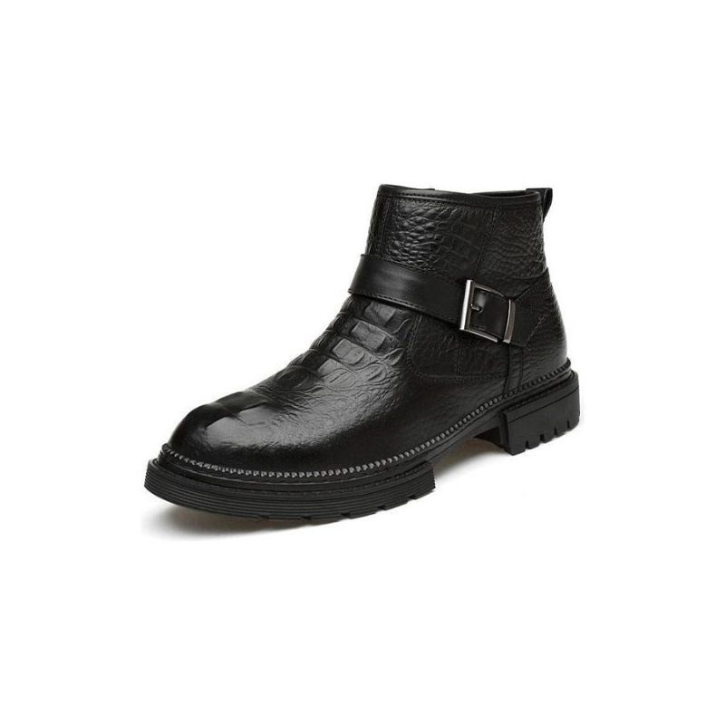 Botas Masculinas Chiques Couro Crocodilo Com Bico Redondo E Zíper Trabalho - Preto