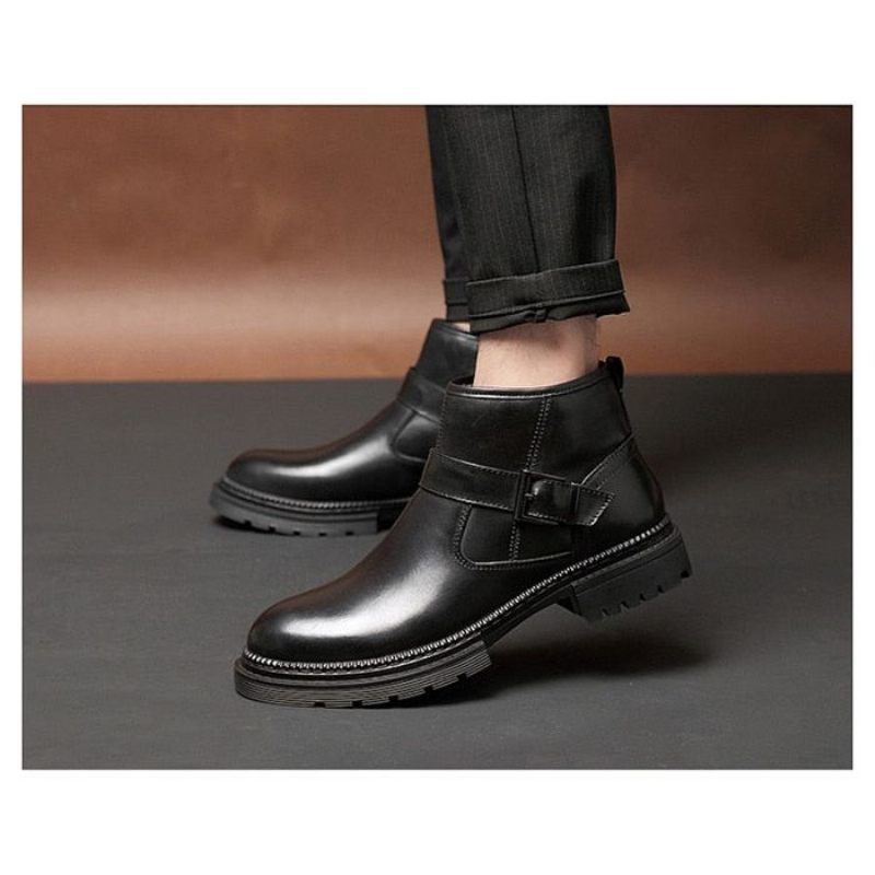 Botas Masculinas Chiques Couro Crocodilo Com Bico Redondo E Zíper Trabalho - Preto Suave