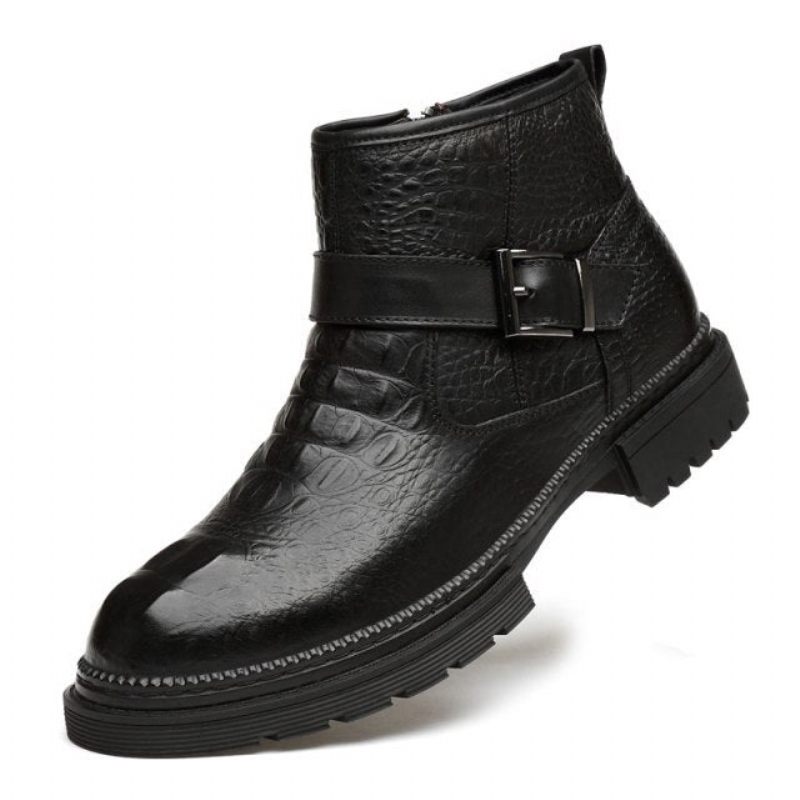 Botas Masculinas Chiques Couro Crocodilo Com Bico Redondo E Zíper Trabalho - Preto