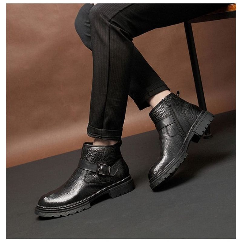 Botas Masculinas Chiques Couro Crocodilo Com Bico Redondo E Zíper Trabalho - Preto