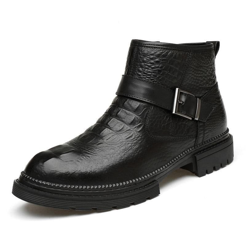 Botas Masculinas Chiques Couro Crocodilo Com Bico Redondo E Zíper Trabalho - Preto