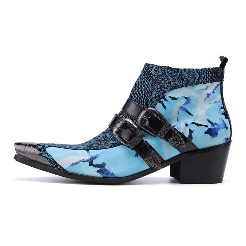 Botas Masculinas Chiques Pele Cobra Com Fivela Dupla Mocassins Couro - Azul