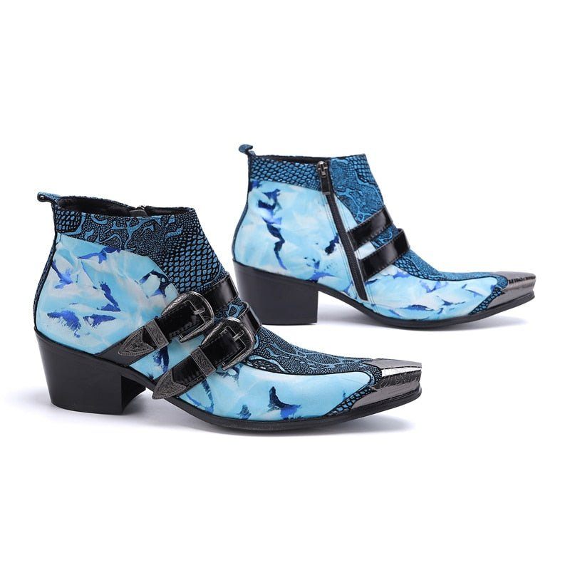 Botas Masculinas Chiques Pele Cobra Com Fivela Dupla Mocassins Couro - Azul