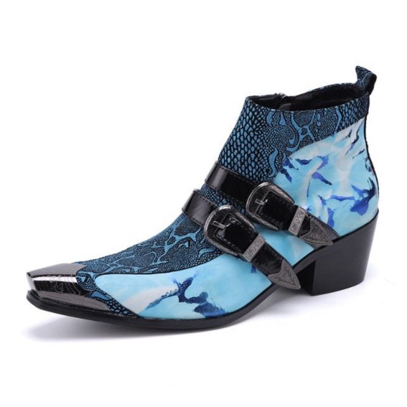 Botas Masculinas Chiques Pele Cobra Com Fivela Dupla Mocassins Couro - Azul