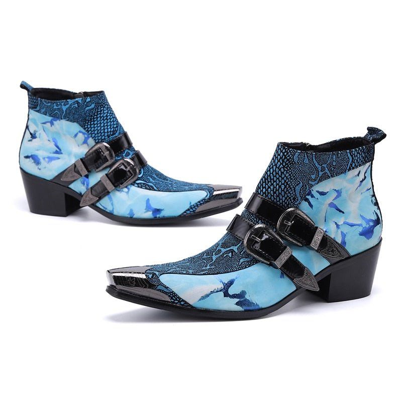 Botas Masculinas Chiques Pele Cobra Com Fivela Dupla Mocassins Couro - Azul