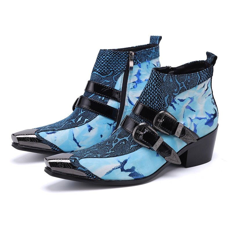 Botas Masculinas Chiques Pele Cobra Com Fivela Dupla Mocassins Couro - Azul