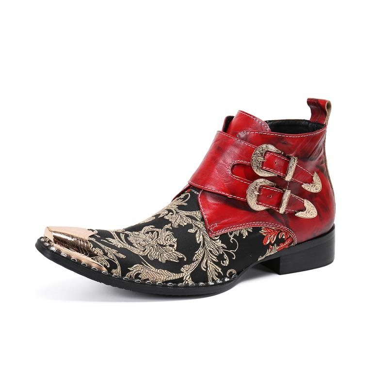 Botas Masculinas Com Bico Metal Exótico Mocassins Couro Para Festa Ocidental - Vermelho