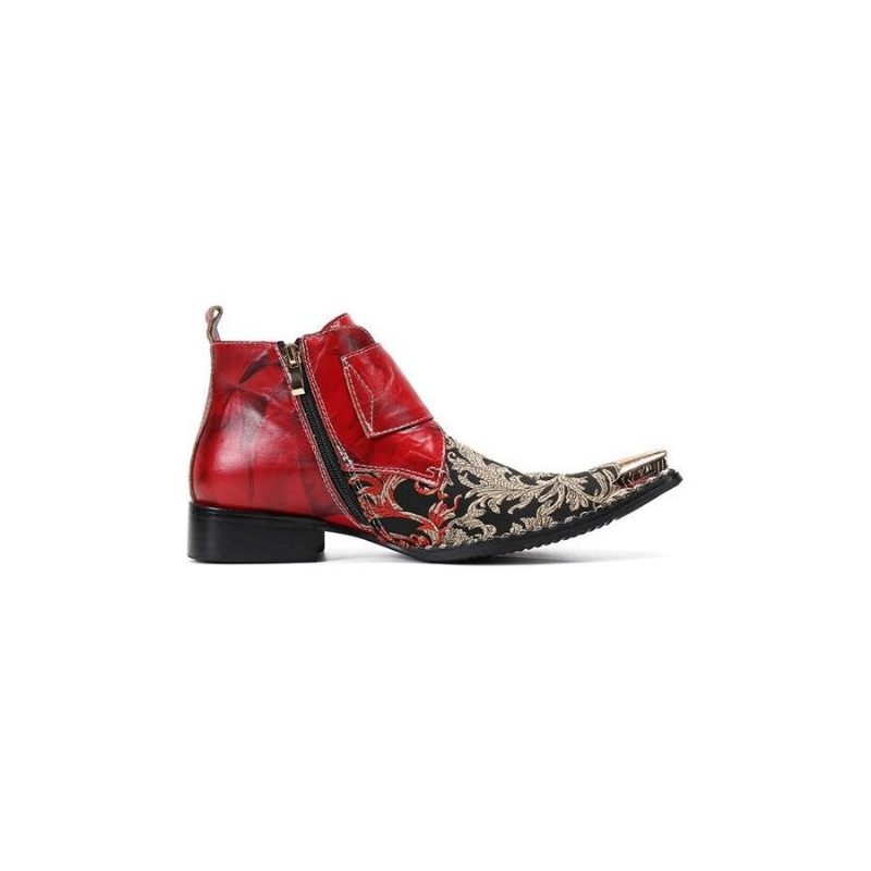 Botas Masculinas Com Bico Metal Exótico Mocassins Couro Para Festa Ocidental - Vermelho