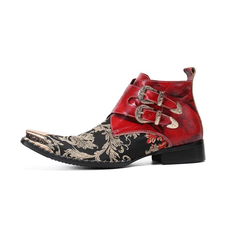 Botas Masculinas Com Bico Metal Exótico Mocassins Couro Para Festa Ocidental - Vermelho