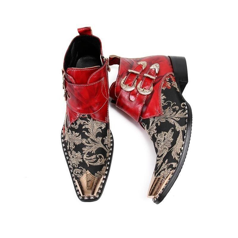 Botas Masculinas Com Bico Metal Exótico Mocassins Couro Para Festa Ocidental - Vermelho