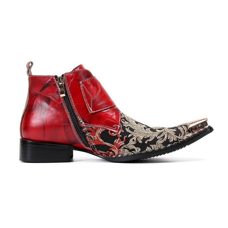 Botas Masculinas Com Bico Metal Exótico Mocassins Couro Para Festa Ocidental - Vermelho