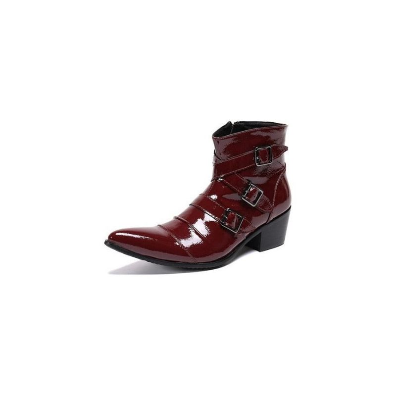 Botas Masculinas Com Bico Metal Exótico Mocassins Couro Punk Ocidental - Vermelho