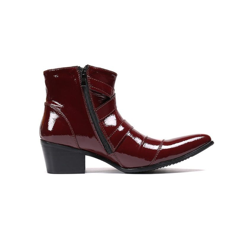 Botas Masculinas Com Bico Metal Exótico Mocassins Couro Punk Ocidental - Vermelho