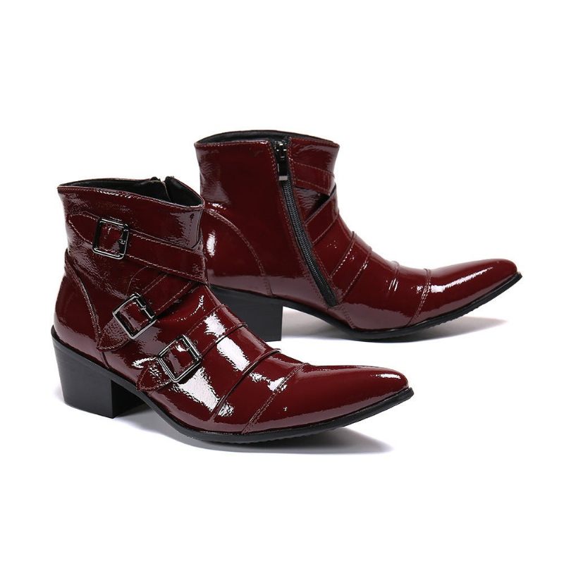 Botas Masculinas Com Bico Metal Exótico Mocassins Couro Punk Ocidental - Vermelho