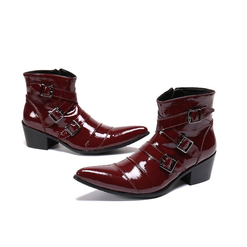 Botas Masculinas Com Bico Metal Exótico Mocassins Couro Punk Ocidental - Vermelho