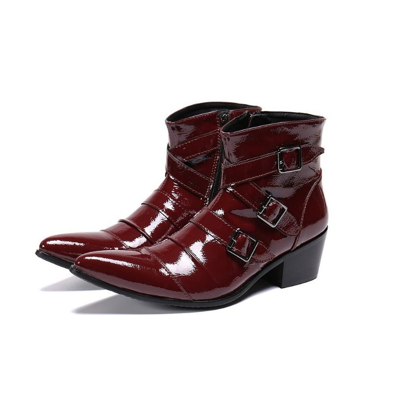 Botas Masculinas Com Bico Metal Exótico Mocassins Couro Punk Ocidental - Vermelho