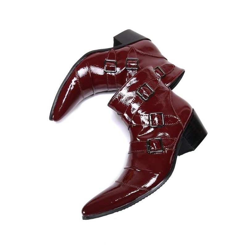 Botas Masculinas Com Bico Metal Exótico Mocassins Couro Punk Ocidental - Vermelho