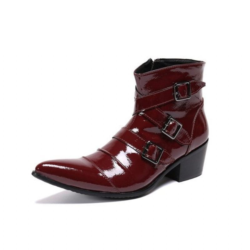 Botas Masculinas Com Bico Metal Exótico Mocassins Couro Punk Ocidental - Vermelho