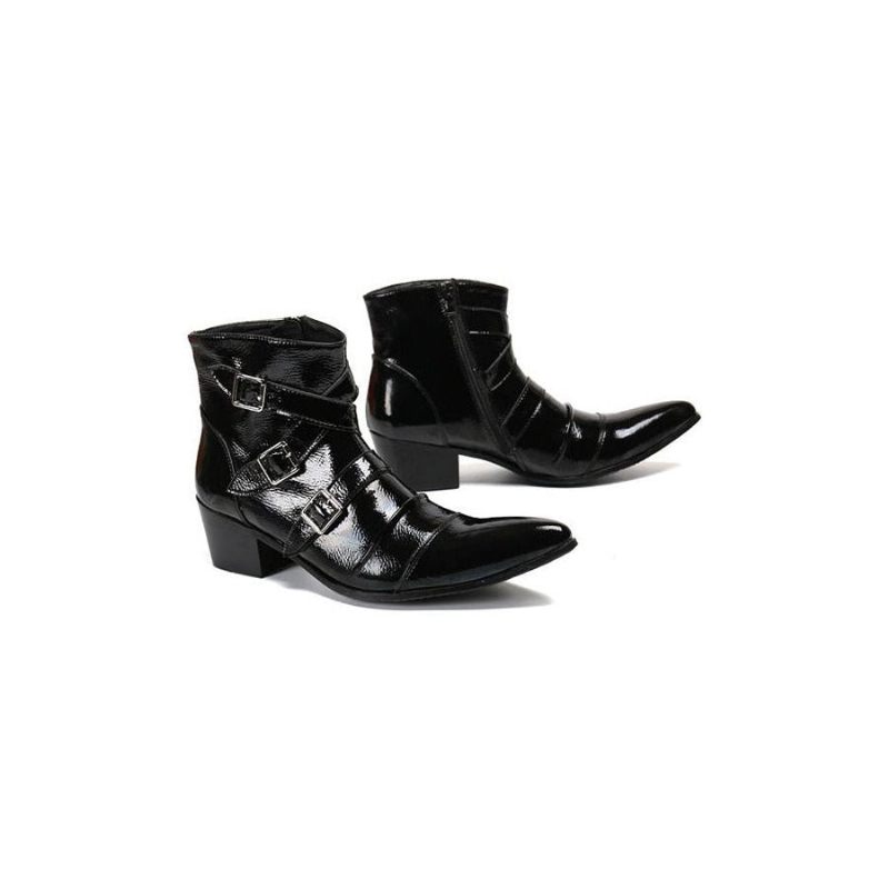 Botas Masculinas Com Bico Metal Exótico Mocassins Couro Punk Ocidental - Preto