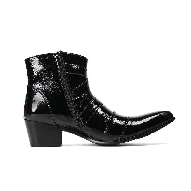 Botas Masculinas Com Bico Metal Exótico Mocassins Couro Punk Ocidental - Preto