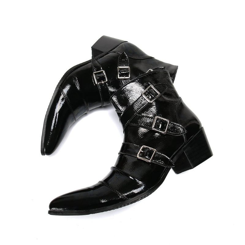 Botas Masculinas Com Bico Metal Exótico Mocassins Couro Punk Ocidental - Preto