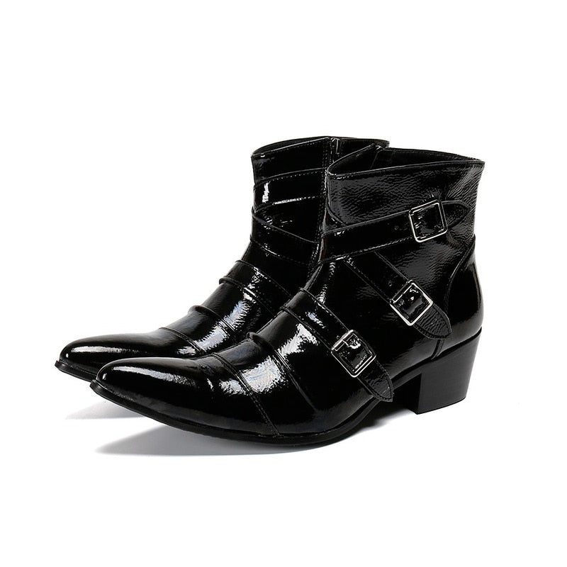 Botas Masculinas Com Bico Metal Exótico Mocassins Couro Punk Ocidental - Preto