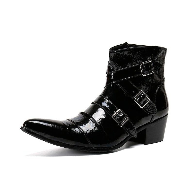 Botas Masculinas Com Bico Metal Exótico Mocassins Couro Punk Ocidental - Preto