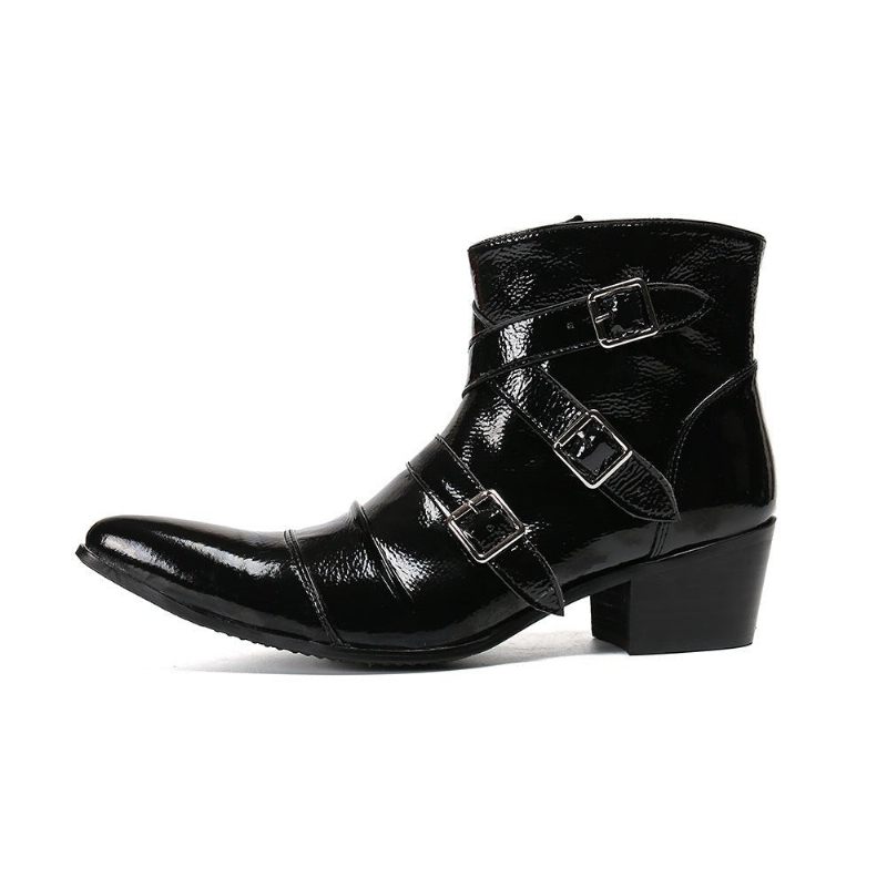 Botas Masculinas Com Bico Metal Exótico Mocassins Couro Punk Ocidental - Preto