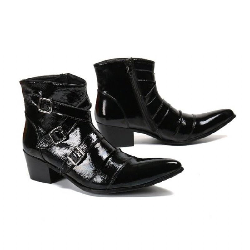 Botas Masculinas Com Bico Metal Exótico Mocassins Couro Punk Ocidental - Preto