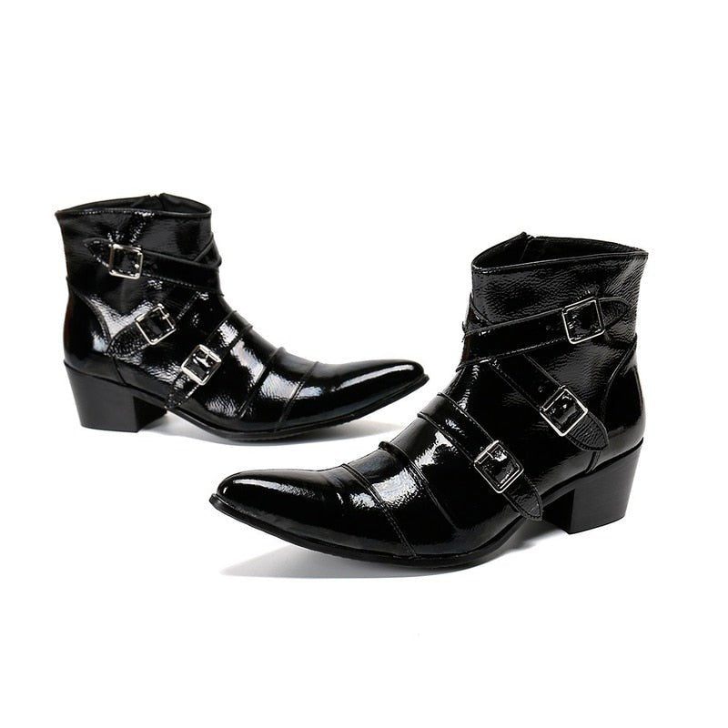 Botas Masculinas Com Bico Metal Exótico Mocassins Couro Punk Ocidental - Preto