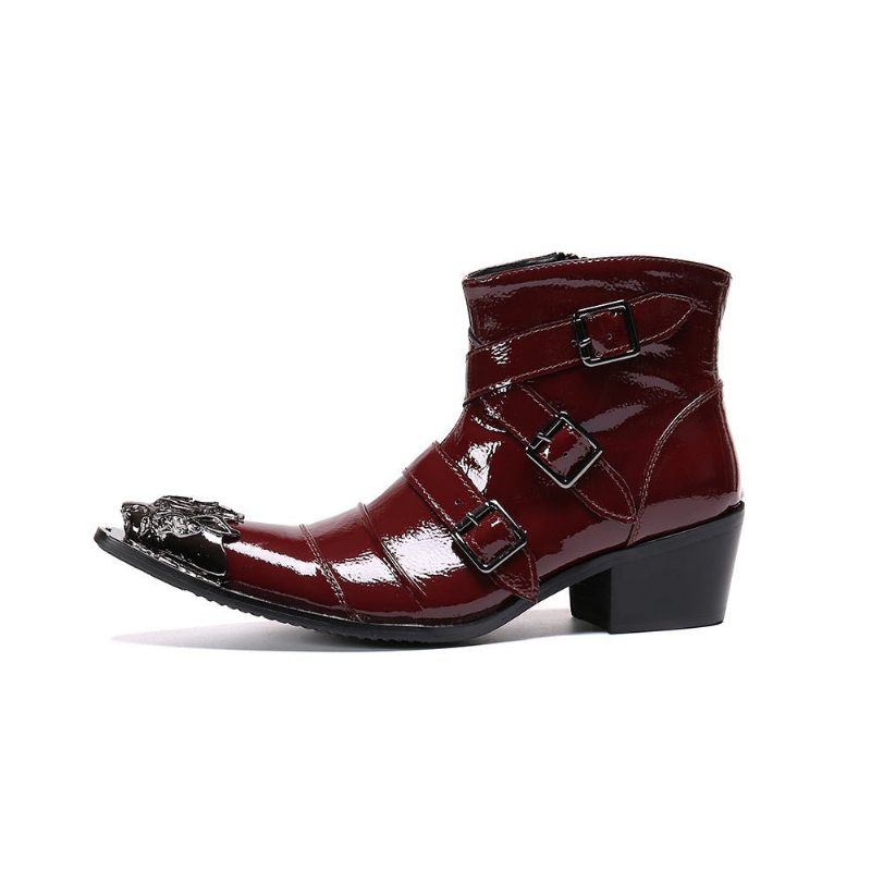 Botas Masculinas Com Bico Metal Exótico Mocassins Couro Punk Ocidental - Vermelho 1