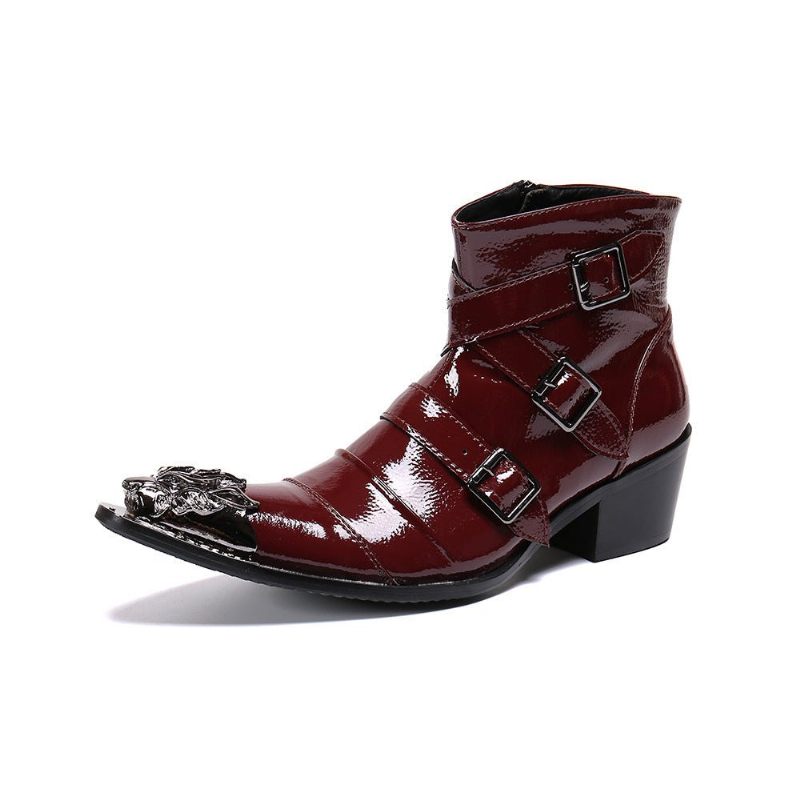 Botas Masculinas Com Bico Metal Exótico Mocassins Couro Punk Ocidental - Vermelho 1