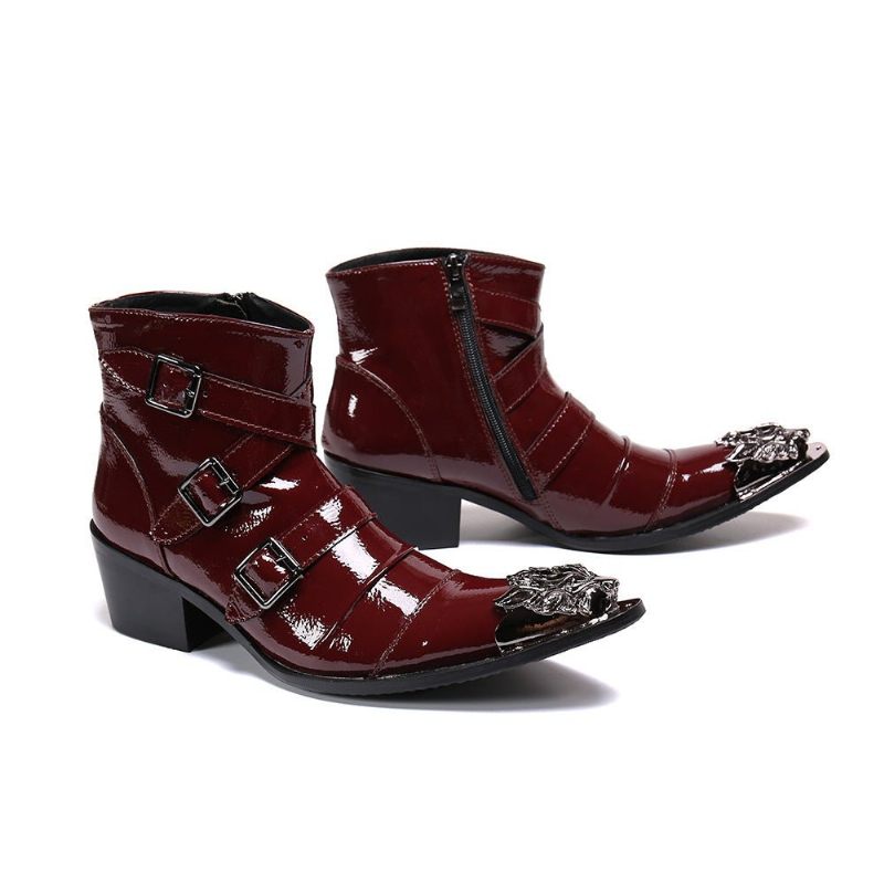 Botas Masculinas Com Bico Metal Exótico Mocassins Couro Punk Ocidental - Vermelho 1