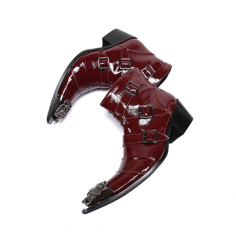 Botas Masculinas Com Bico Metal Exótico Mocassins Couro Punk Ocidental - Vermelho 1