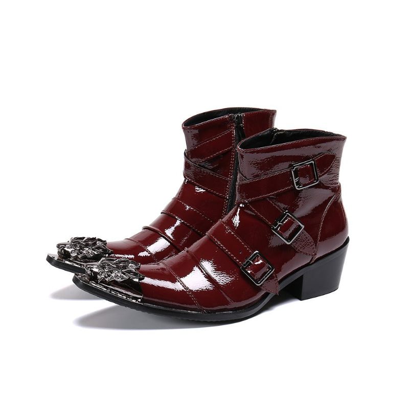 Botas Masculinas Com Bico Metal Exótico Mocassins Couro Punk Ocidental - Vermelho 1