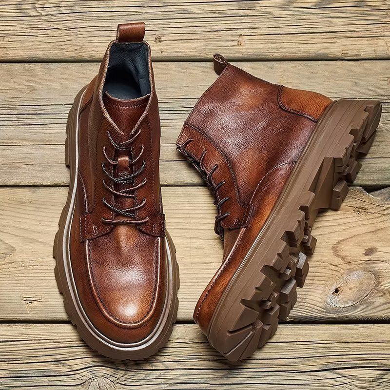 Botas Masculinas Com Bico Redondo E Elegantes Cadarço - Café