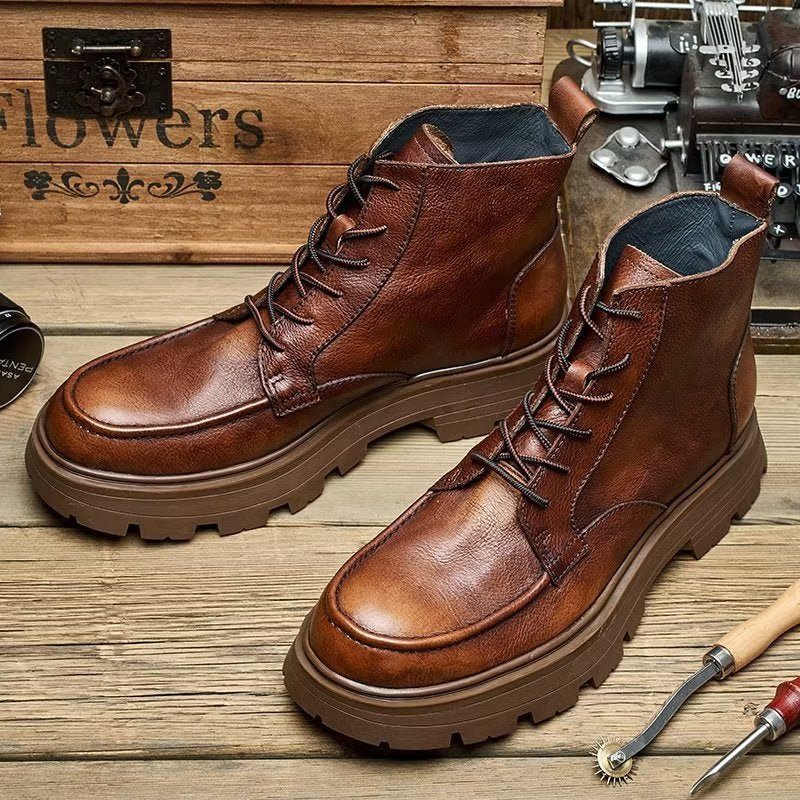 Botas Masculinas Com Bico Redondo E Elegantes Cadarço - Café