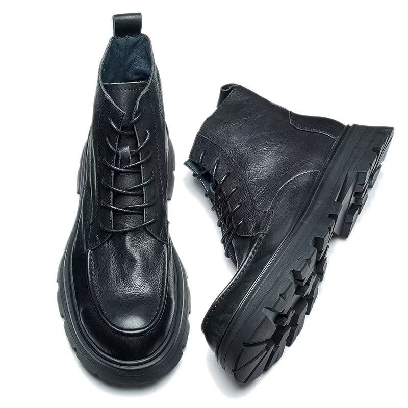 Botas Masculinas Com Bico Redondo E Elegantes Cadarço - Preto