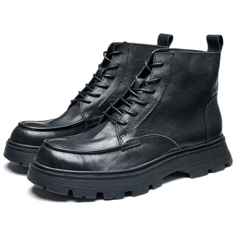 Botas Masculinas Com Bico Redondo E Elegantes Cadarço - Preto