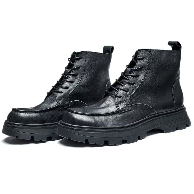 Botas Masculinas Com Bico Redondo E Elegantes Cadarço - Preto