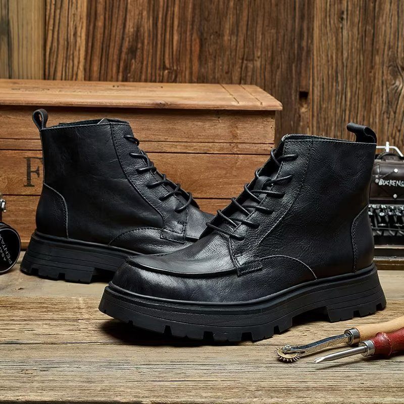 Botas Masculinas Com Bico Redondo E Elegantes Cadarço - Preto