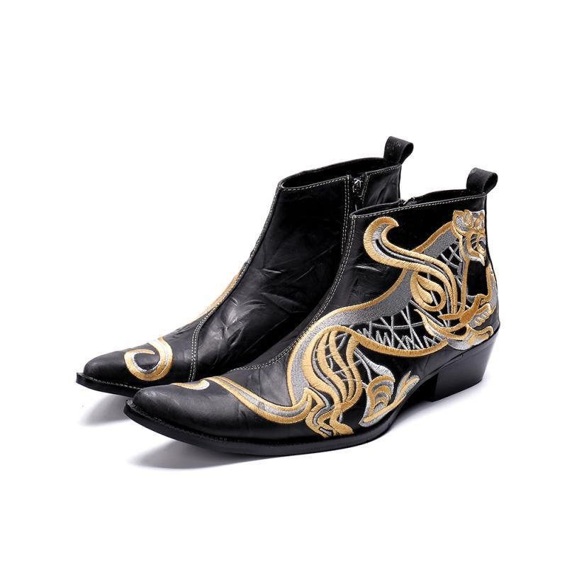 Botas Masculinas Com Biqueira Metal Brilho Exótico E Mocassins Zíper - Preto